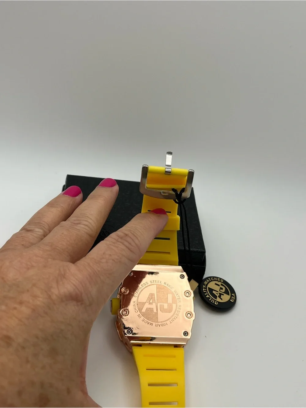 Men's Yellow Silicone Strap Watch with Crystal-Embellished Rose Gold Case